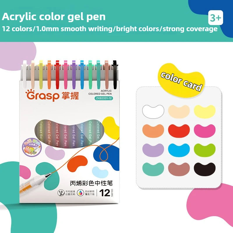 Un set de 12 rotuladores de gel acrílico con bandeja deslizante y tarjeta de colores sobre fondo blanco.