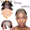 A woman models three shades of adjustable non-slip lace wig grip caps on her head.