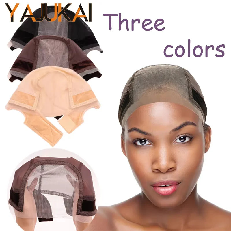 A woman models three shades of adjustable non-slip lace wig grip caps on her head.
