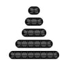 Black silicone cable organizer and winder shown in a vertical stack.