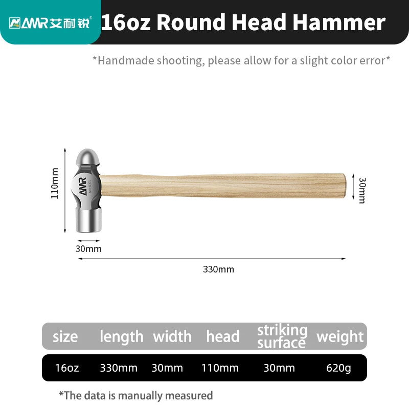 A wooden ball peen hammer featuring a walnut wood handle and a high-carbon steel head.