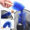 A hand holds a blue bendable fan duster brush with a long handle, demonstrating its use for cleaning.