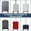 A set of four silicone suitcase wheel protectors designed to cover and protect luggage wheels on different types of casters.