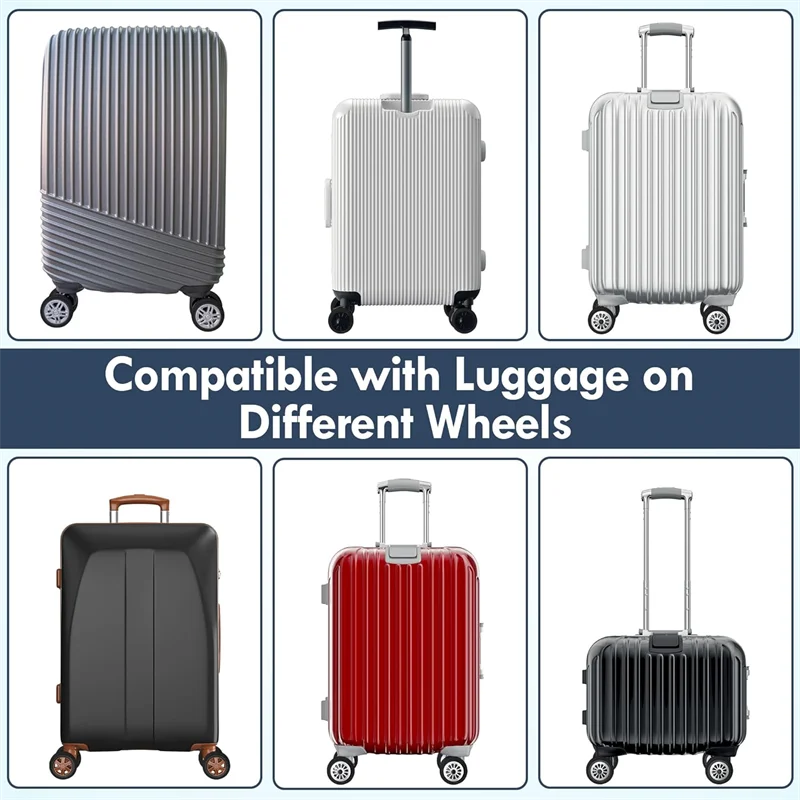 A set of four silicone suitcase wheel protectors designed to cover and protect luggage wheels on different types of casters.
