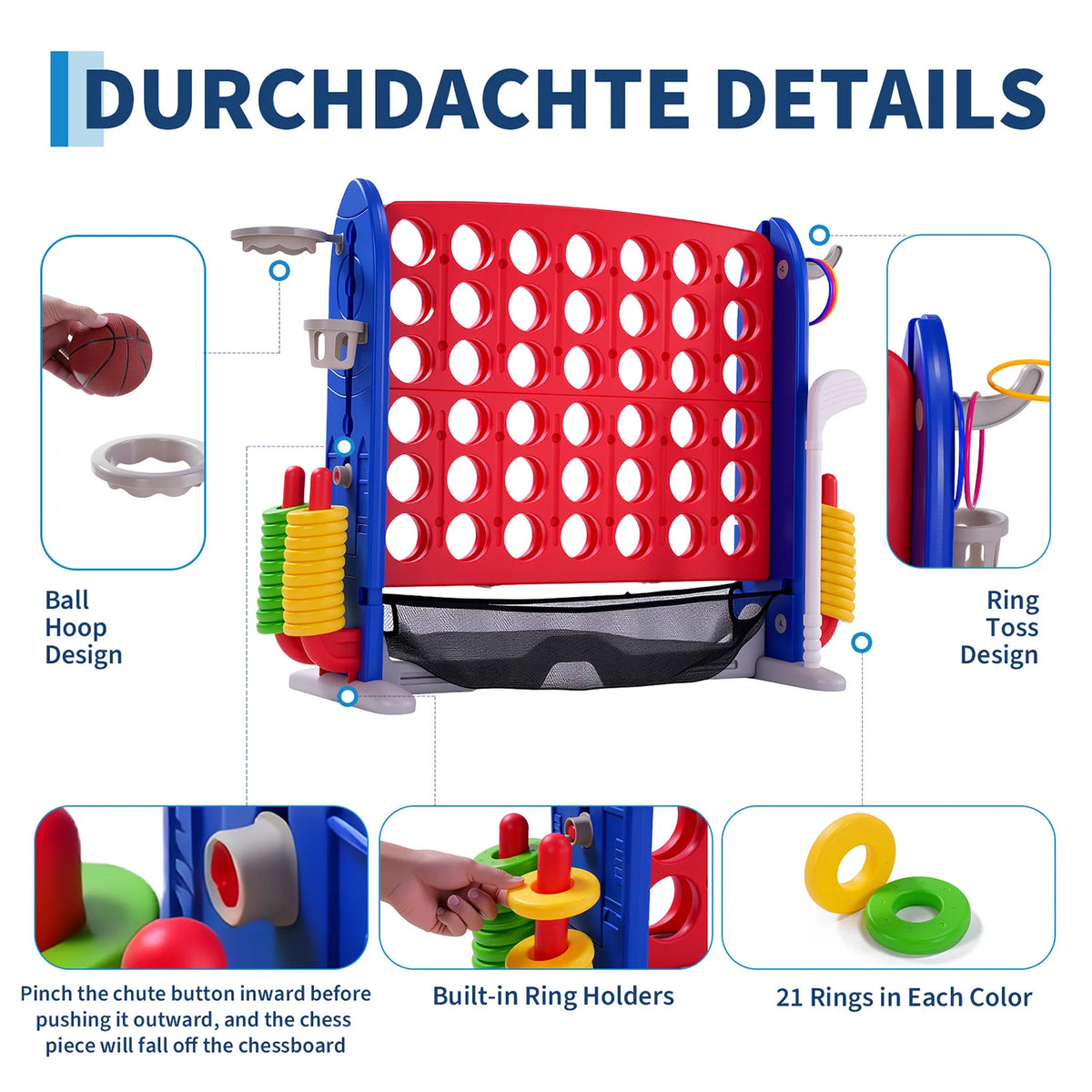 A red and blue outdoor game set featuring a basketball hoop, ring toss, and built-in ring holders for a game.