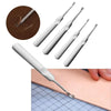 A set of four metal tools for leather work including a groover and beveler used for edge shaping.