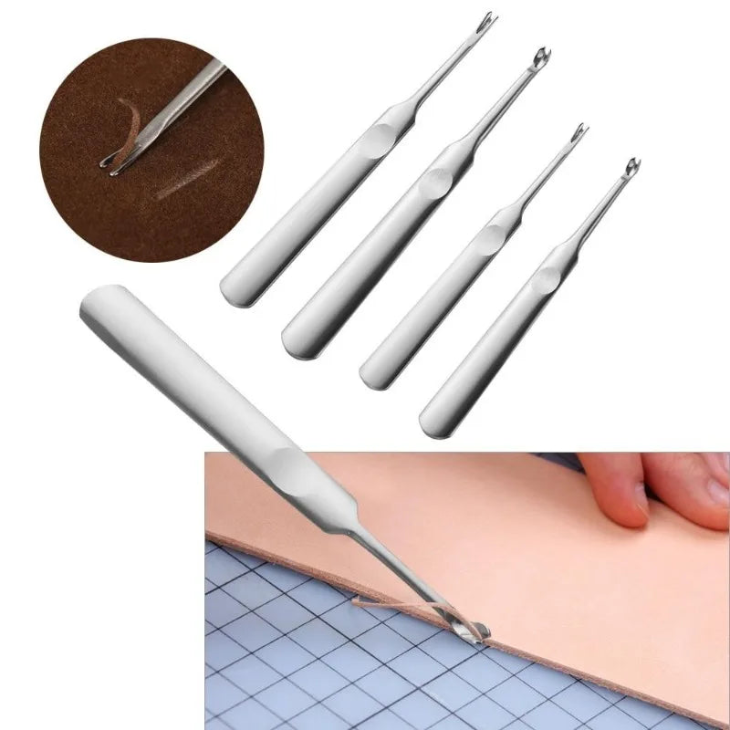 A set of four metal tools for leather work including a groover and beveler used for edge shaping.