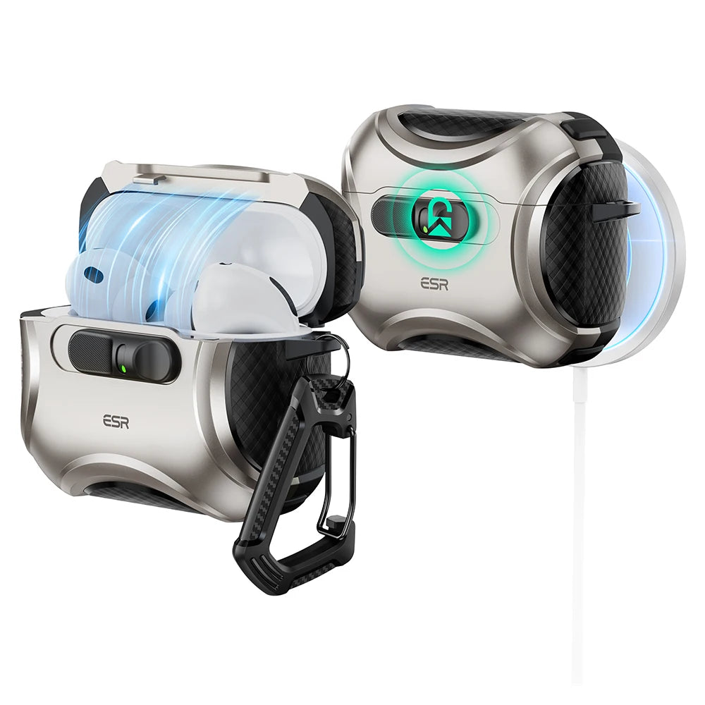 Silver and black AirPods Pro 3 case with a secure magnetic lock and drop protection feature.