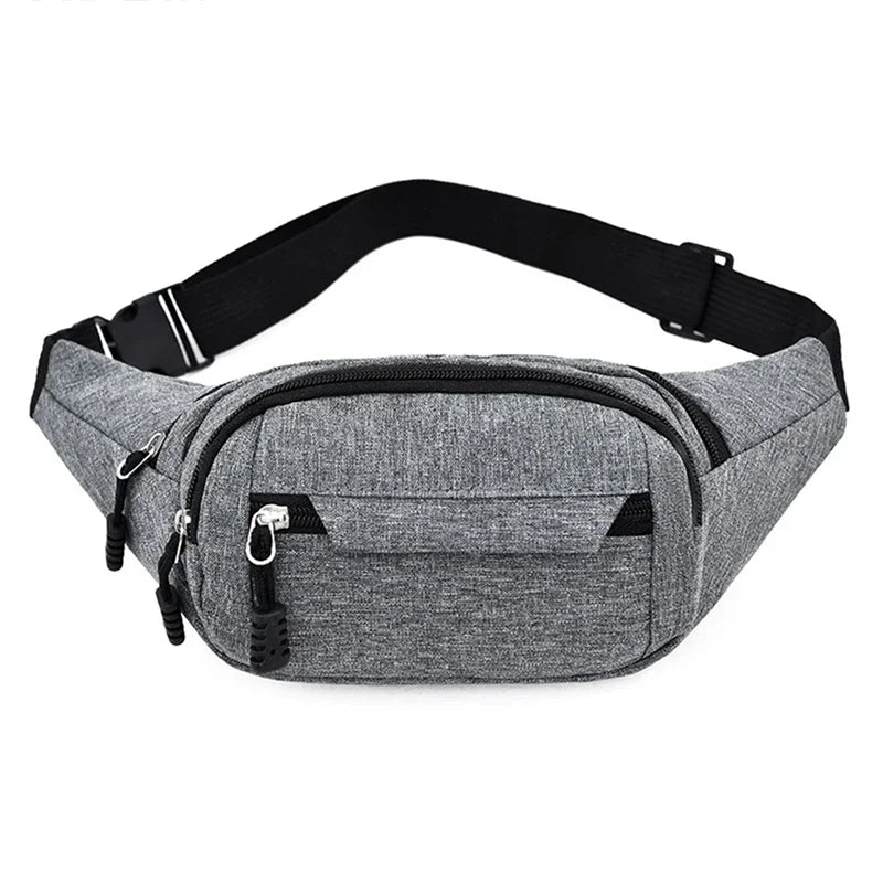 Gray canvas waist pack with black adjustable strap and multiple zippered pockets