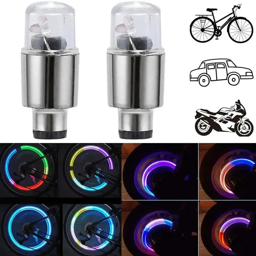 A set of motion-activated LED tire valve lights designed for bikes, cars, and motorcycles.