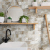A bathroom or kitchen wall featuring marble-patterned tiles and wooden shelves with a mirror and plants.