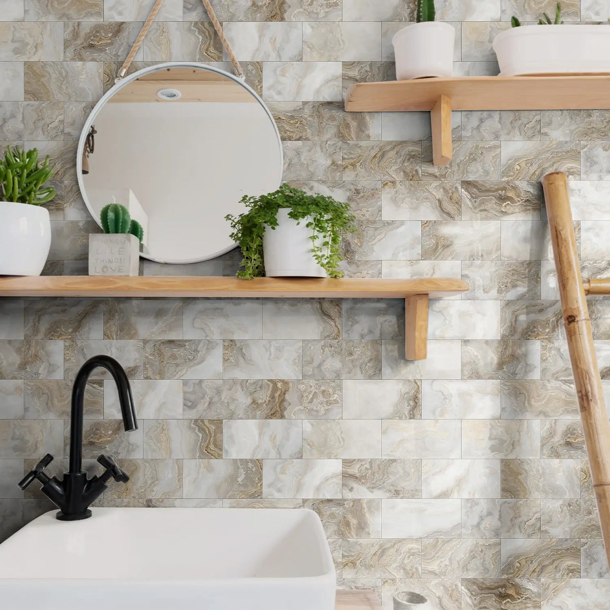 A bathroom or kitchen wall featuring marble-patterned tiles and wooden shelves with a mirror and plants.