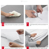 Instructions showing how to clean, cut, paste, and tear off a heat-resistant oil-proof kitchen stove backsplash sticker.
