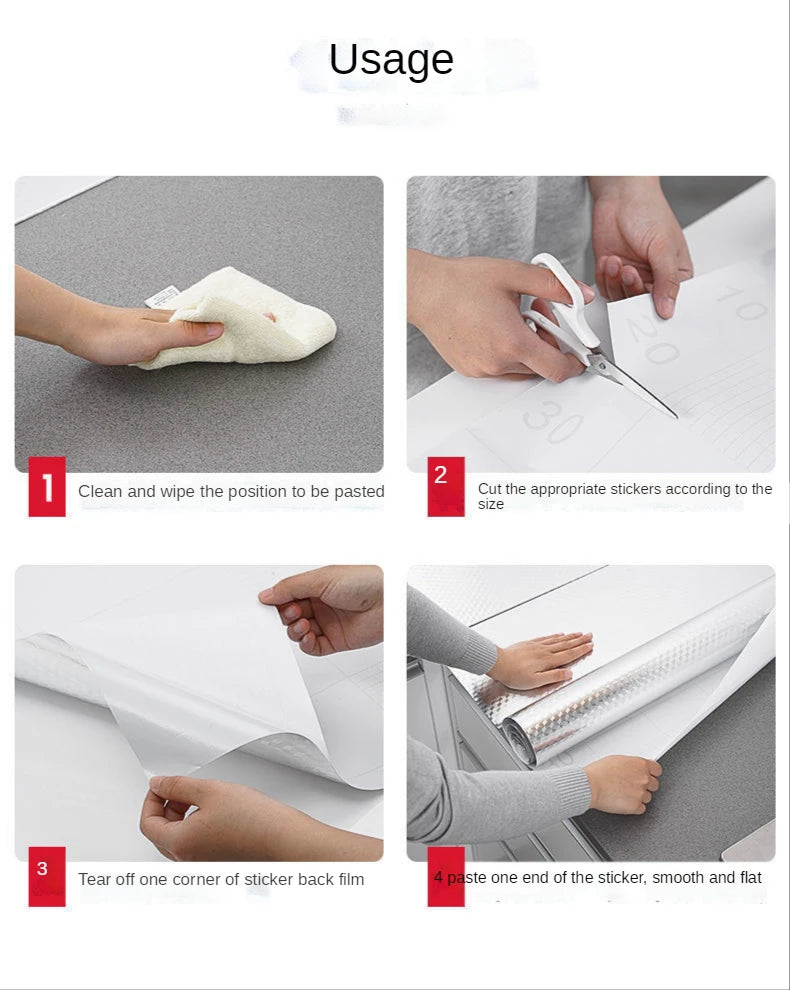 Instructions showing how to clean, cut, paste, and tear off a heat-resistant oil-proof kitchen stove backsplash sticker.