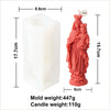 A white candle mold and a pink silicone figurine of a woman with a child.