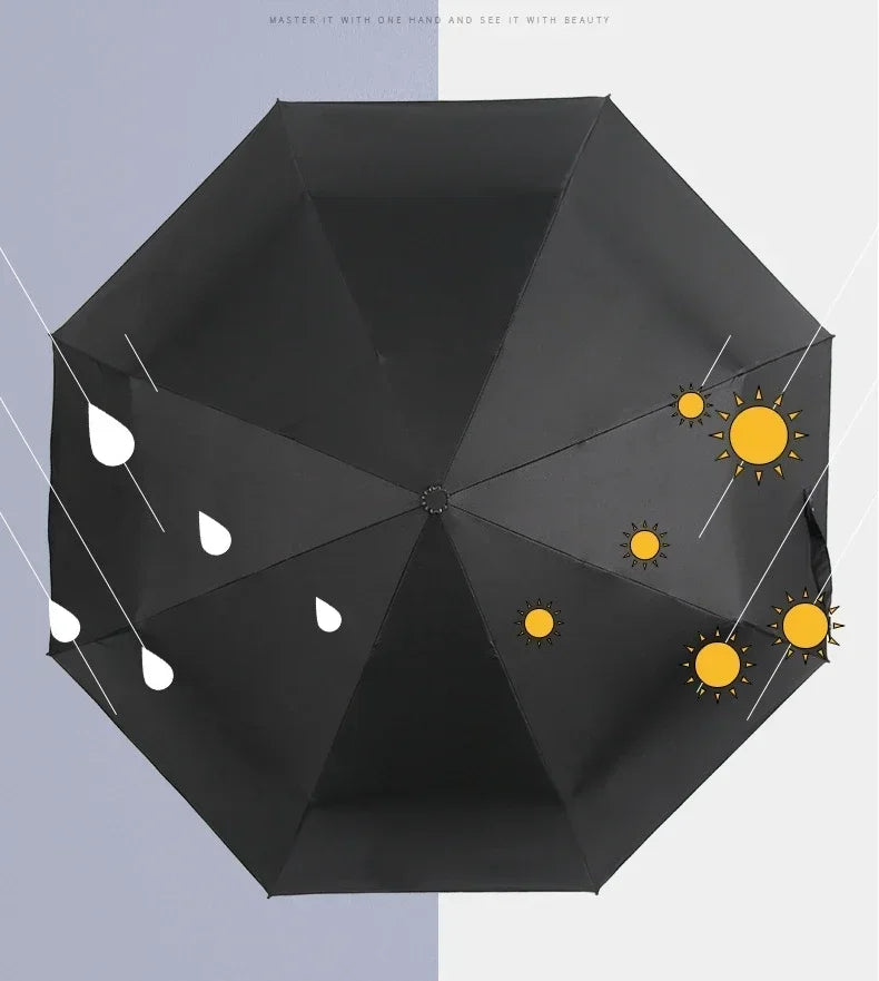 A black, geometric folding parasol decorated with white and yellow sun motifs.
