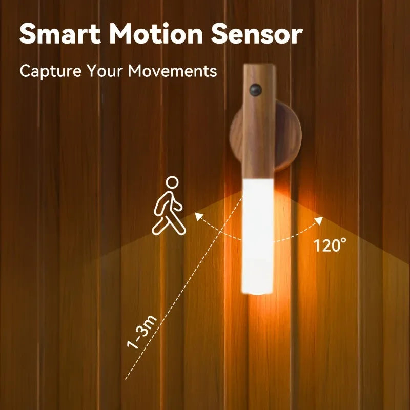 A smart motion sensor magnetic LED wall light illuminates a wooden wall, capturing movement.