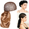 A black mesh crochet hair net is shown being worn by a woman, with a matching satin fabric attached.