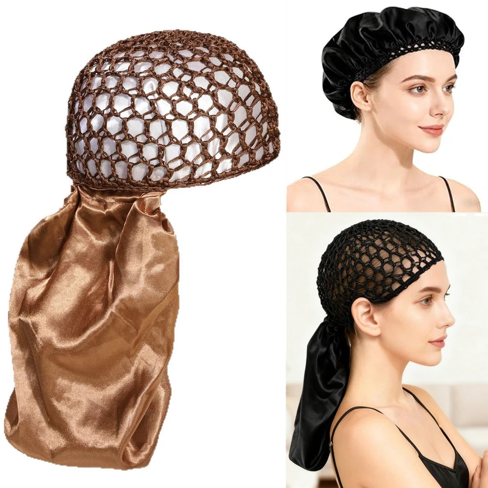 A black mesh crochet hair net is shown being worn by a woman, with a matching satin fabric attached.