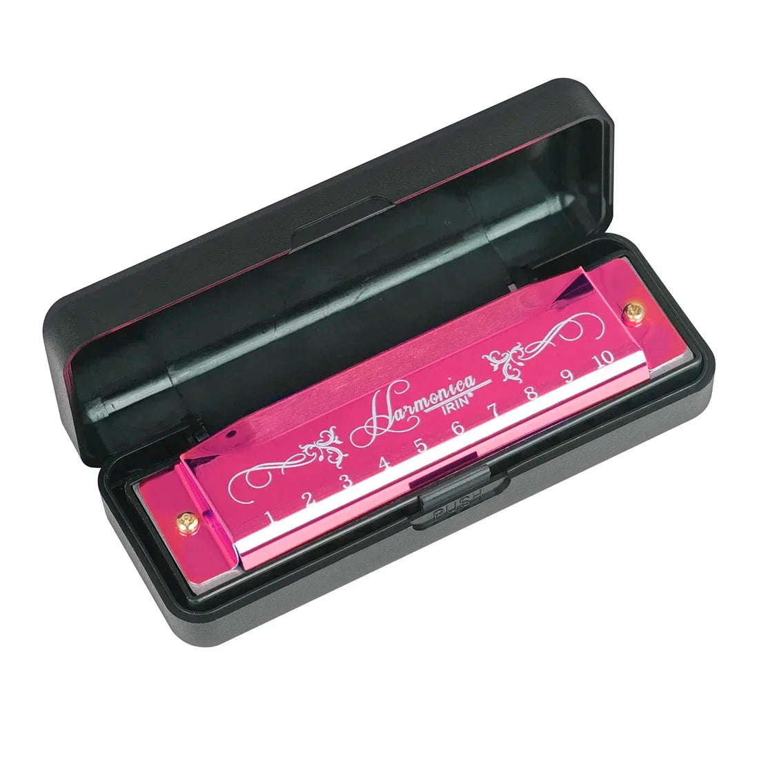 A black case holding a pink 10-hole harmonica with numbered holes and decorative accents.
