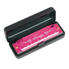 A black case holding a pink harmonica with a 10-hole design and colorful metal shell.