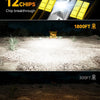 A product image showing LED headlight bulbs with a cooling fan, demonstrating performance at 1800ft and 300ft.