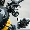 Close-up view of a black 360° foldable handlebar cup holder for bikes and scooters.
