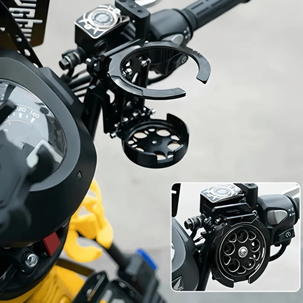 Close-up view of a black 360° foldable handlebar cup holder for bikes and scooters.