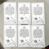 Ein Satz von zwölf Tarot-ähnlichen Orakel-Guide-Karten mit Linienkunst-Illustrationen und Text auf hellem Hintergrund.