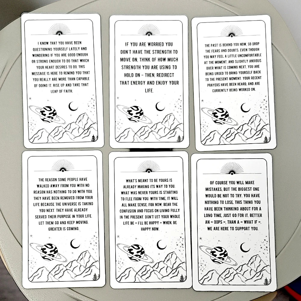 Ein Satz von zwölf Tarot-ähnlichen Orakel-Guide-Karten mit Linienkunst-Illustrationen und Text auf hellem Hintergrund.