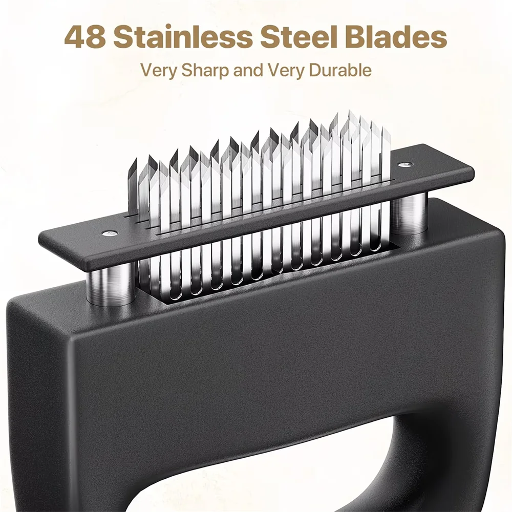 A black meat tenderizer tool featuring 48 stainless steel blades with a safety guard.