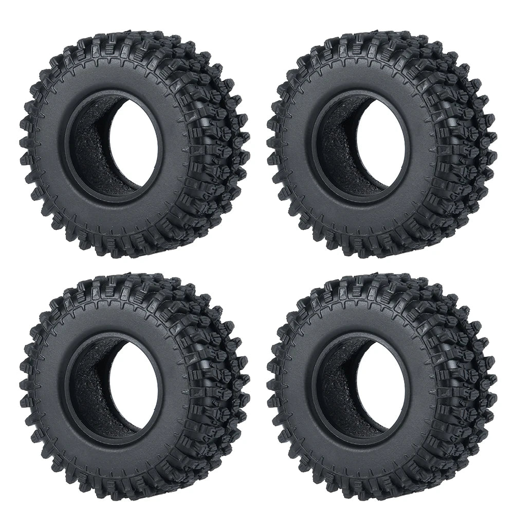 Four views of soft rubber tires for 1/18 and 1/24 RC crawler cars