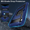 A blue protective case for an iPad showing reinforced corners, screen bezel, and camera bezel details.