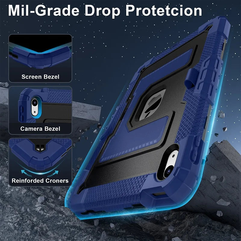 A blue protective case for an iPad showing reinforced corners, screen bezel, and camera bezel details.