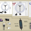 An adjustable ring light with a tripod and phone holder shown in various sizes and brightness levels.