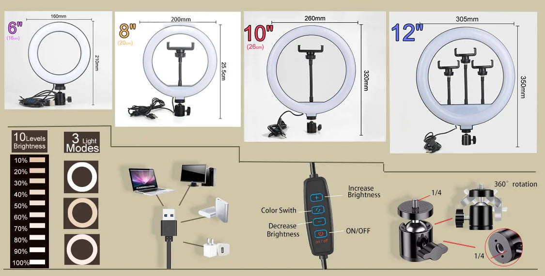An adjustable ring light with a tripod and phone holder shown in various sizes and brightness levels.
