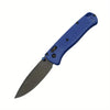 A compact folding knife with a blue nylon fiber handle and a gray blade shown from the side.