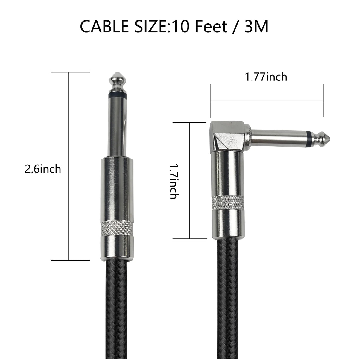 A close-up view of a braided guitar cable with a right-angle connector and various length measurements.