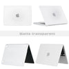 A white matte transparent protective case for a MacBook shown in various angles.