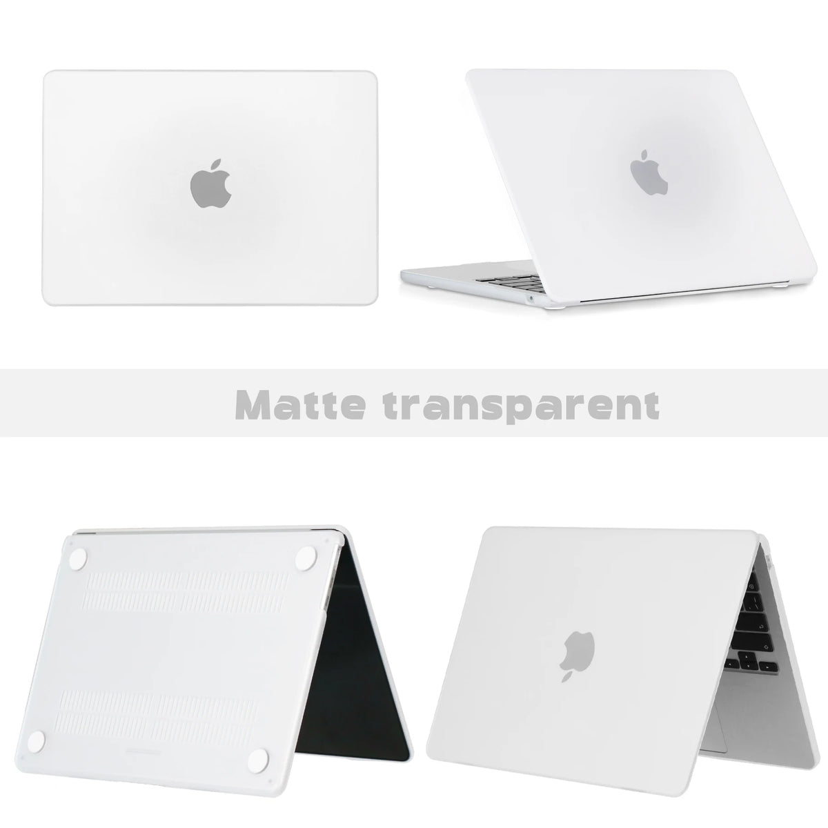 A white matte transparent protective case for a MacBook shown in various angles.