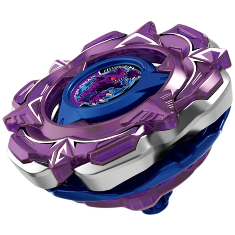 A purple and silver precision metal spinning top with a blue center design.