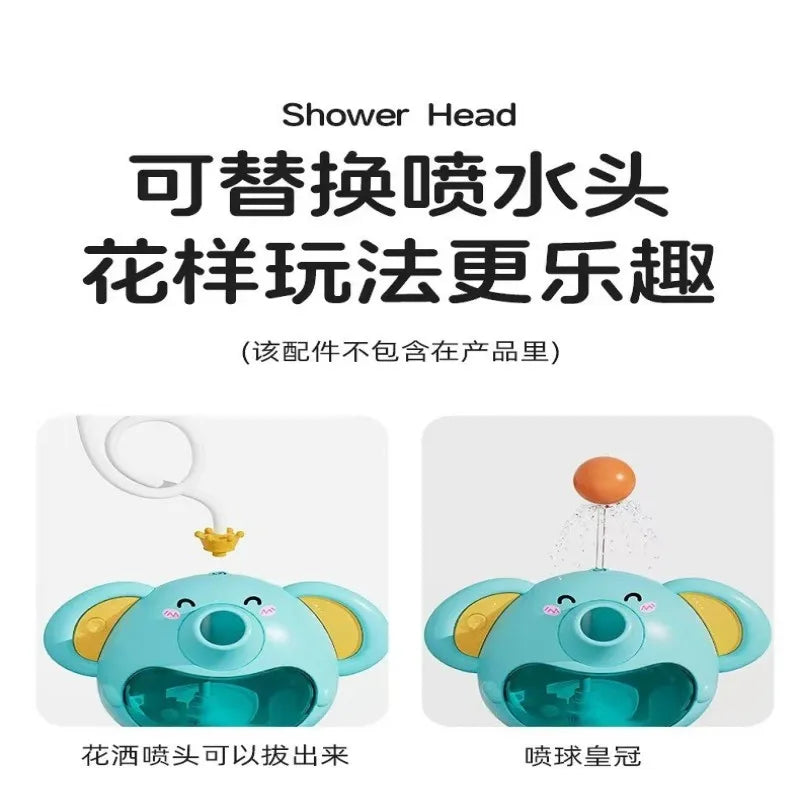 A blue elephant water spray bath toy for kids with a nozzle and yellow accents.