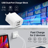 A white USB dual-port charger block is shown next to a wall outlet, demonstrating fast charging for two devices.