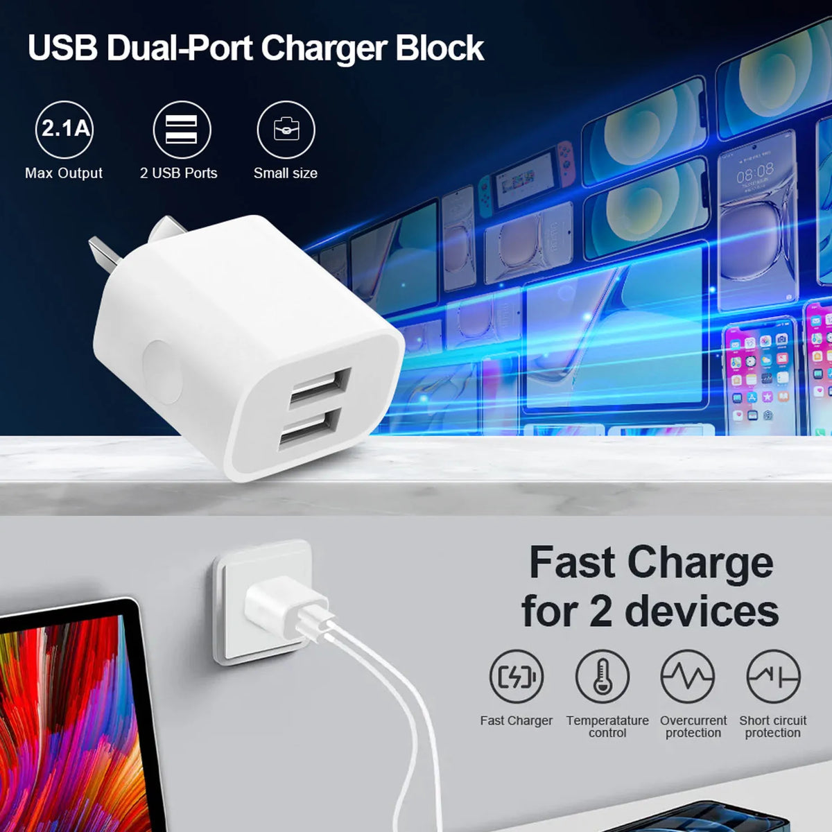 A white USB dual-port charger block is shown next to a wall outlet, demonstrating fast charging for two devices.