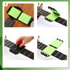 Four images showing a guitar fretboard cleaning kit with green microfiber cloth and black plastic components.