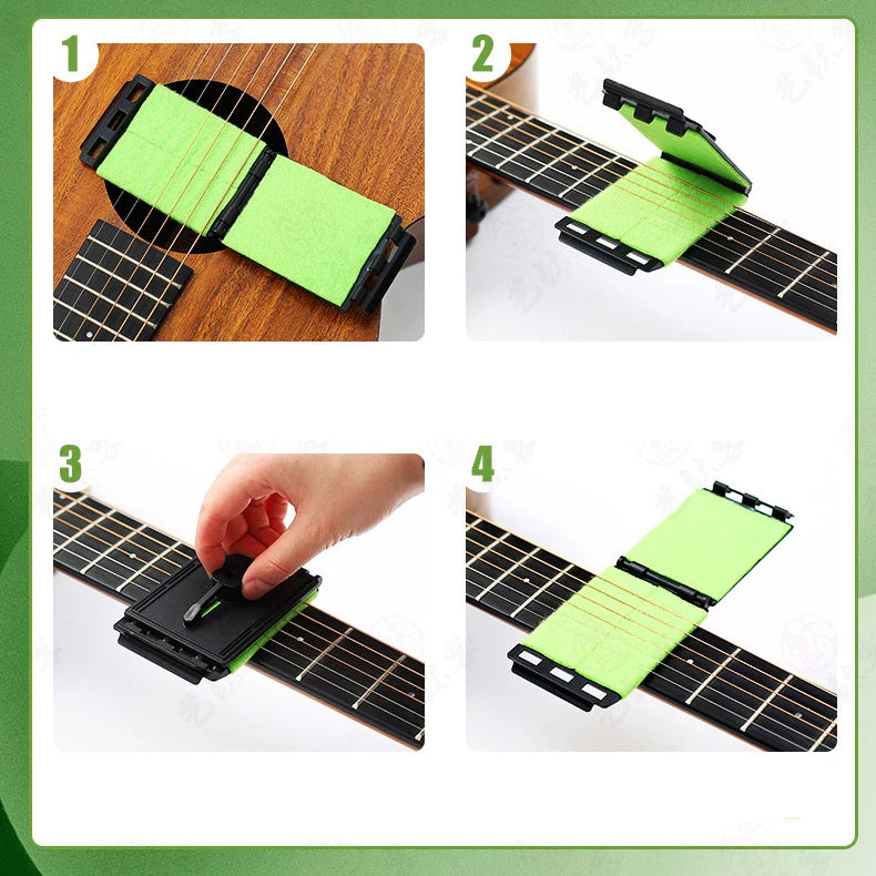 Four images showing a guitar fretboard cleaning kit with green microfiber cloth and black plastic components.
