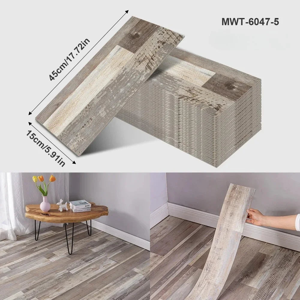 A rectangular piece of wood grain wall sticker, showing a weathered gray and white texture, is displayed next to its packagin