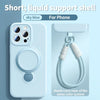 A sky blue silicone phone case with a magnetic kickstand and hand-carry rope lanyard for an iPhone.