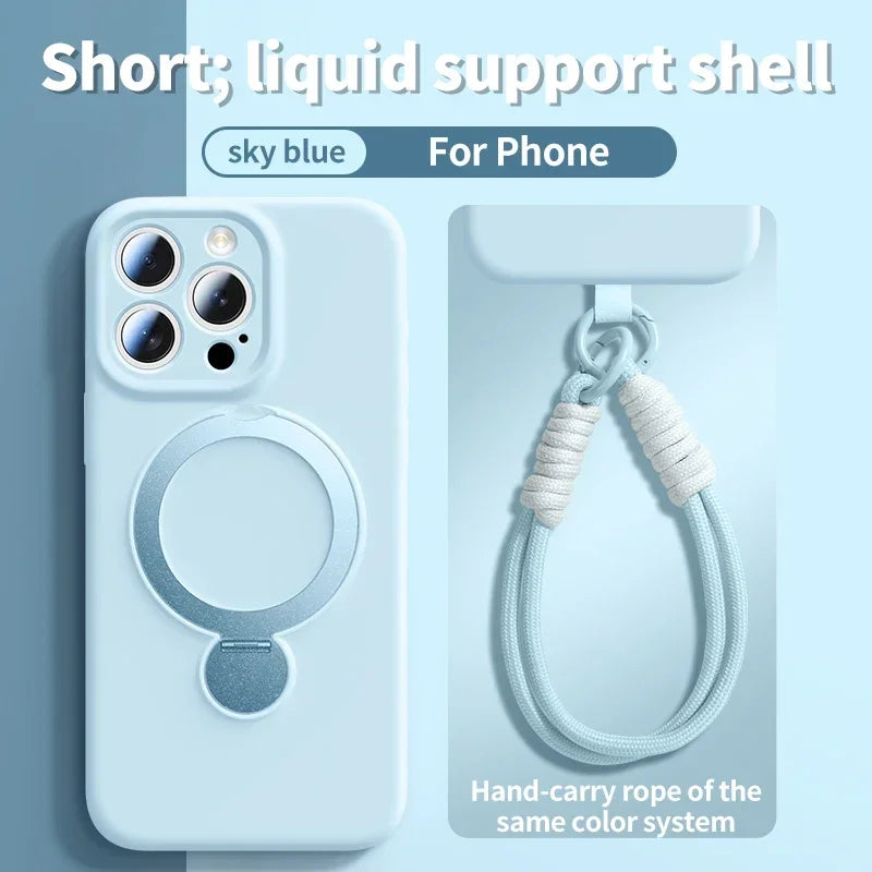 A sky blue silicone phone case with a magnetic kickstand and hand-carry rope lanyard for an iPhone.