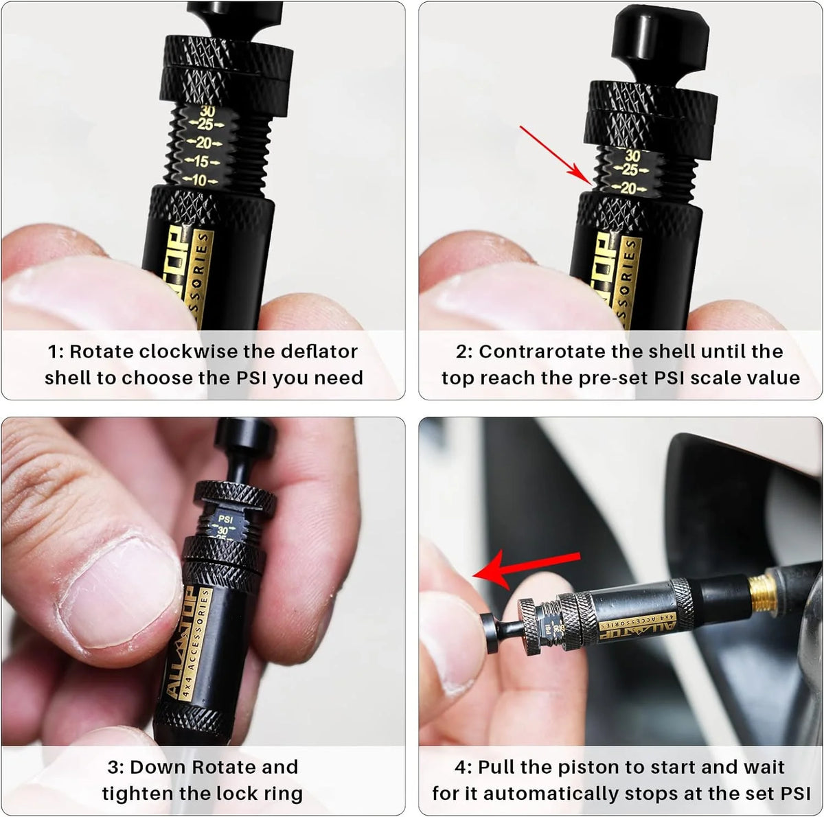 Instructions for using the 4-Pack Adjustable Auto-Stop Tire Deflator Kit to select PSI and start/stop the deflation process.